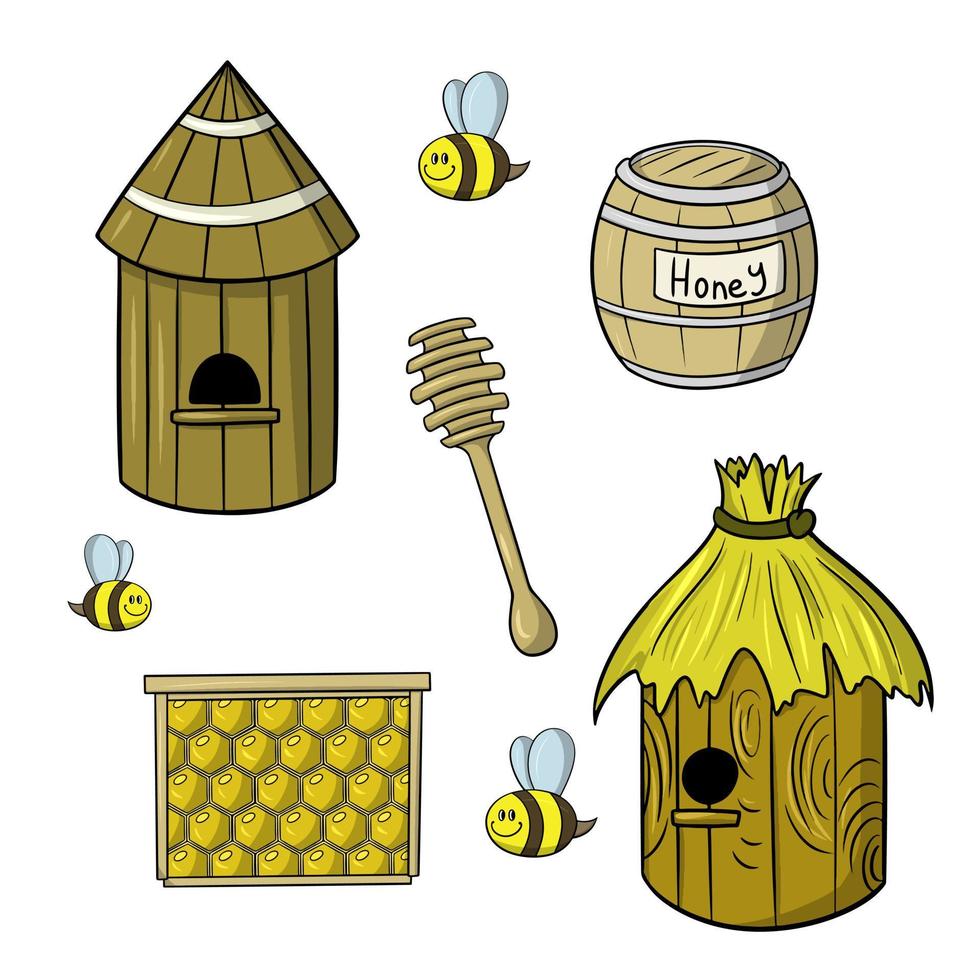 eine Reihe farbiger Symbole für die Honigsammlung, Holzgegenstände für Bienen, Vektorillustration im Cartoon-Stil auf weißem Hintergrund vektor