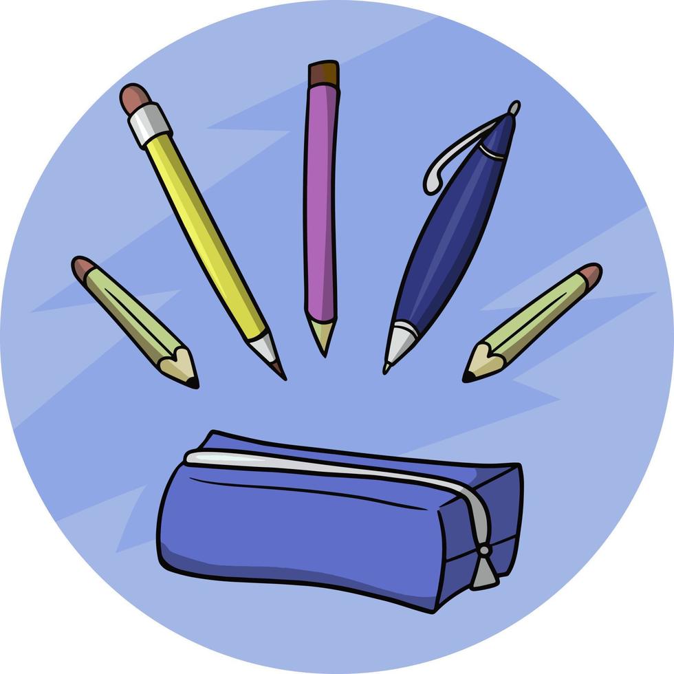 uppsättning pennor och pennor med ett blått pennfodral, vektorillustration i tecknad stil vektor