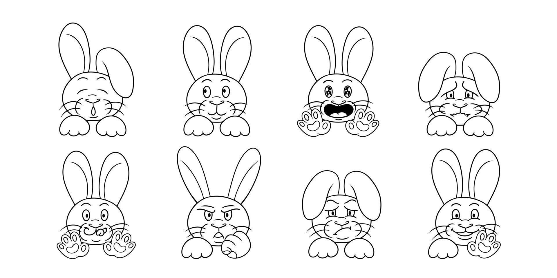 stor samling av monokroma karaktärer, söta små kaniner i tecknad stil, vektorillustration på vit bakgrund vektor