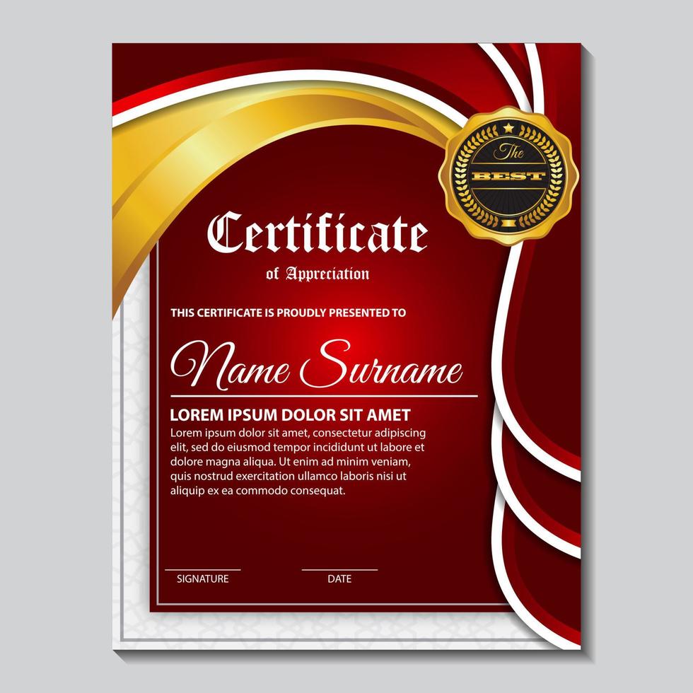 Auszeichnungsvorlagenzertifikat, Goldfarbe und roter Farbverlauf. enthält ein modernes Zertifikat mit goldener Plakette vektor