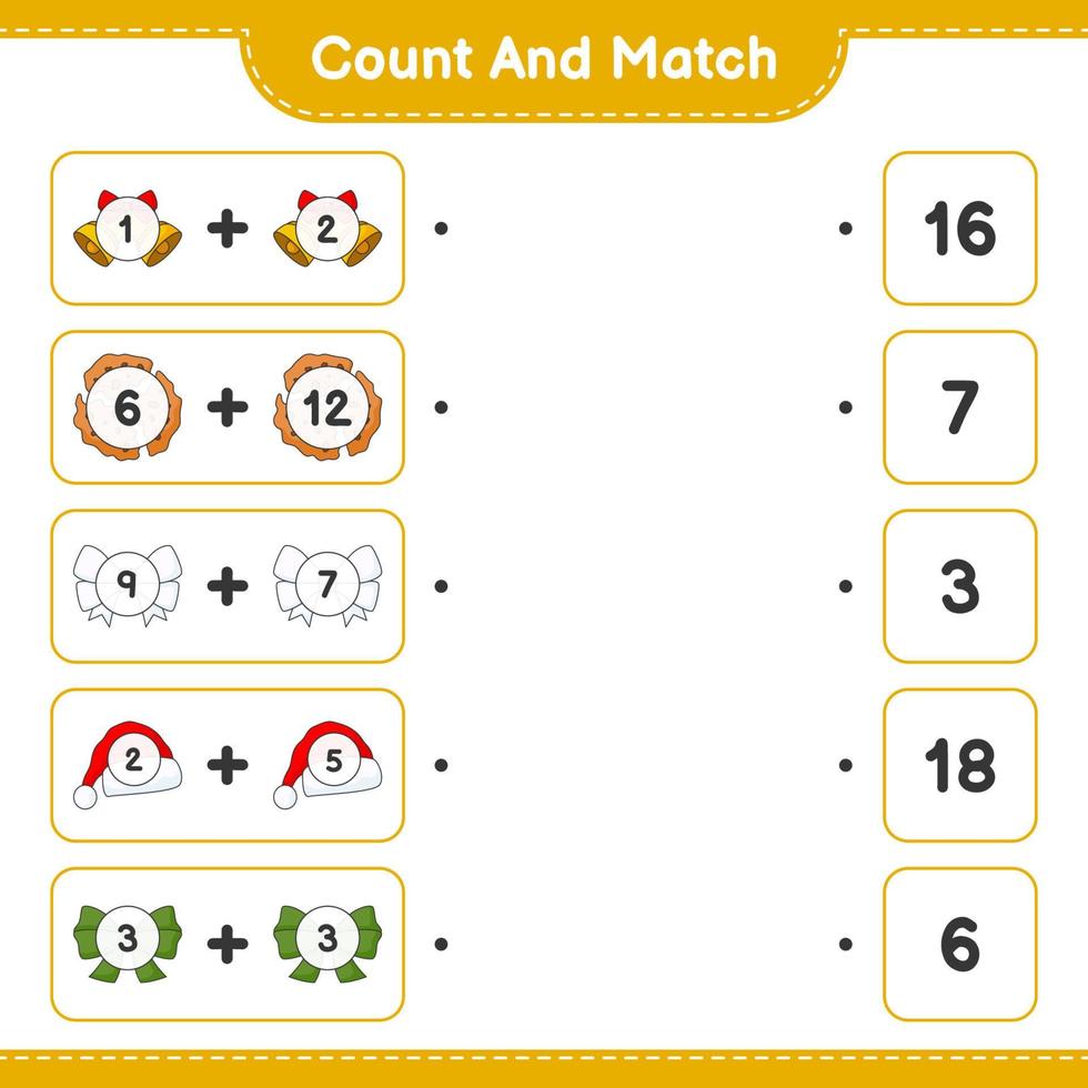 räkna och matcha, räkna antalet band, hatt, julklocka, kakor och matcha med rätt siffror. pedagogiskt barnspel, utskrivbart kalkylblad, vektorillustration vektor