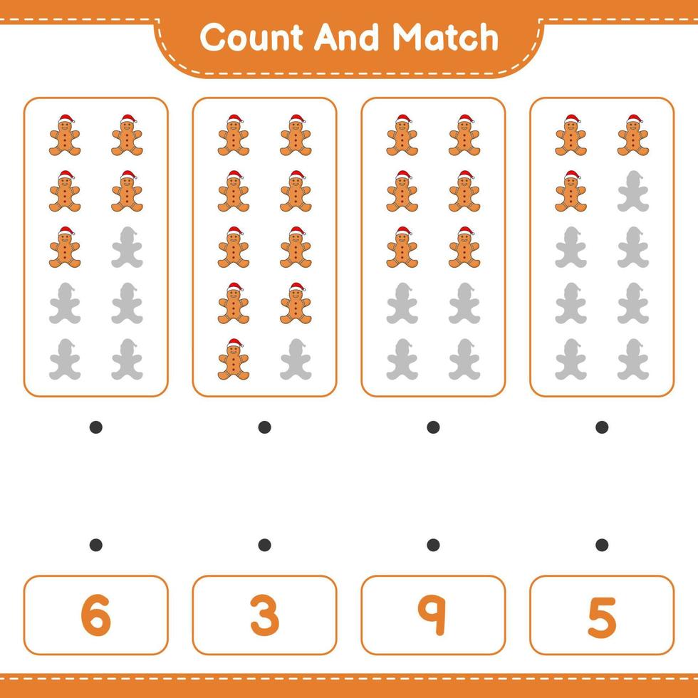 räkna och matcha, räkna antalet pepparkaksgubbar och matcha med rätt siffror. pedagogiskt barnspel, utskrivbart kalkylblad, vektorillustration vektor