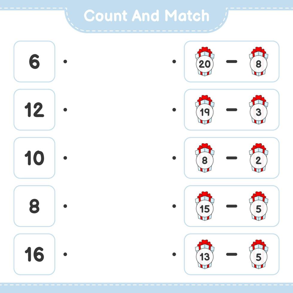 Zähle und kombiniere, zähle die Anzahl der Geschenkboxen und vergleiche sie mit den richtigen Zahlen. pädagogisches kinderspiel, druckbares arbeitsblatt, vektorillustration vektor