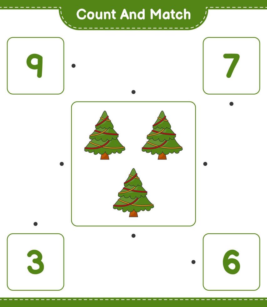 räkna och matcha, räkna antalet julgranar och matcha med rätt siffror. pedagogiskt barnspel, utskrivbart kalkylblad, vektorillustration vektor