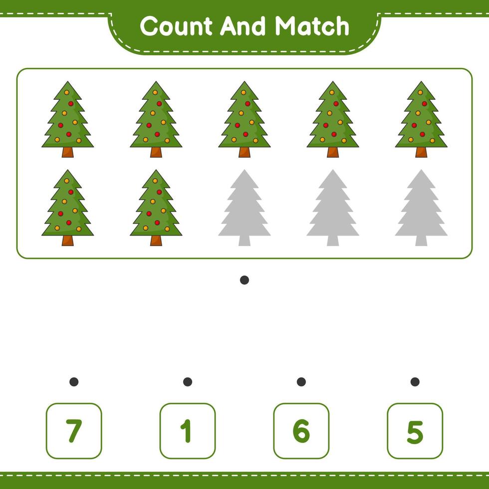 zähle und kombiniere, zähle die Anzahl der Weihnachtsbäume und kombiniere sie mit den richtigen Zahlen. pädagogisches kinderspiel, druckbares arbeitsblatt, vektorillustration vektor