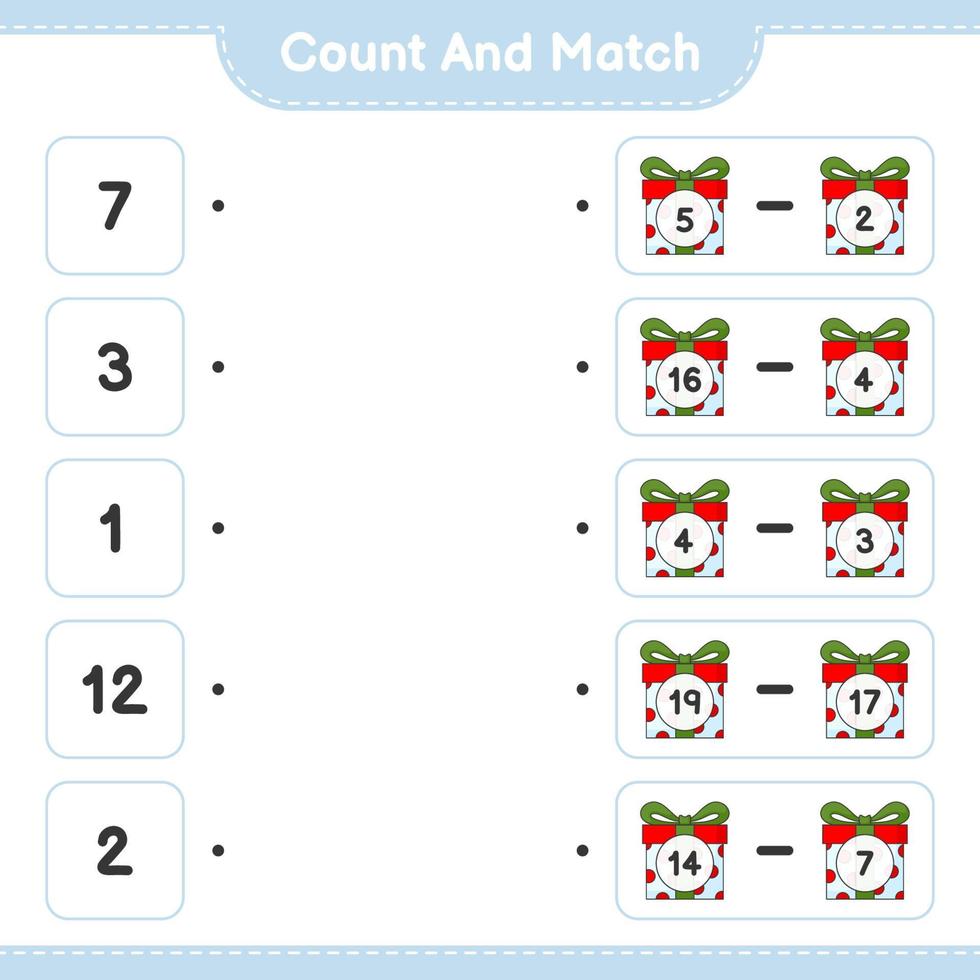 räkna och matcha, räkna antalet presentförpackningar och matcha med rätt siffror. pedagogiskt barnspel, utskrivbart kalkylblad, vektorillustration vektor