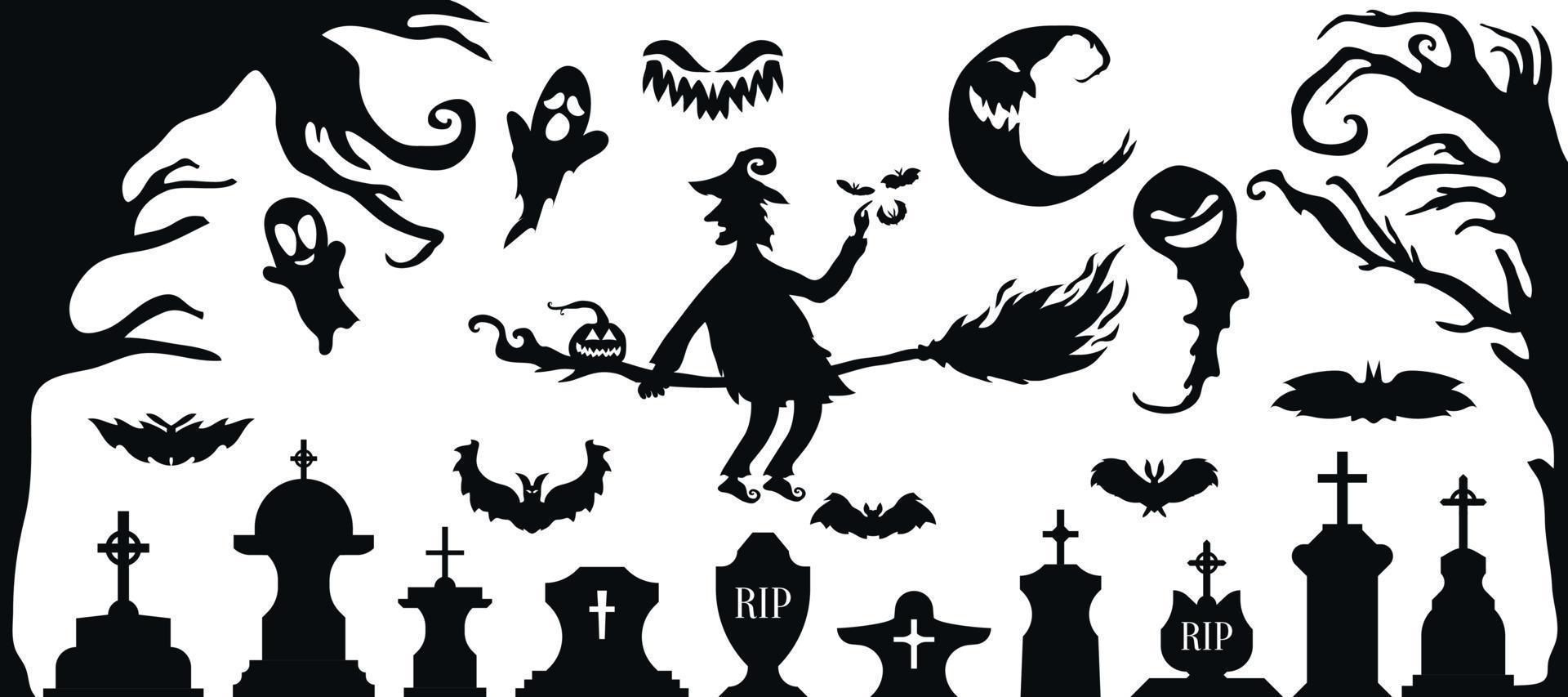 Satz von Halloween-Silhouetten-Symbol und Charakter. Halloween-Vektorillustration lokalisiert auf weißem Hintergrund vektor