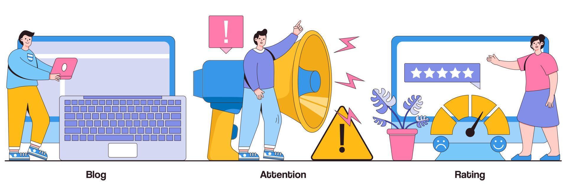 blog, aufmerksamkeit, bewertungskonzept mit menschencharakter. Förderungsmethoden abstrakter Vektorillustrationssatz. beliebter blogger, öffentliche ankündigung, metapher für das bewertungssystem der servicequalität vektor