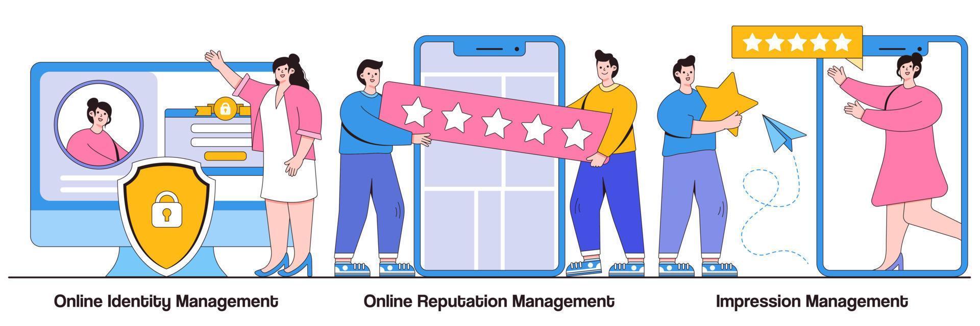 Online-Identitätsmanagement, Online-Reputationsmanagement, Impression-Management-Konzept mit winzigen Menschen. webpräsenzeinrichtung, crm-software, abstrakter vektorillustrationssatz für selbstpräsentation vektor