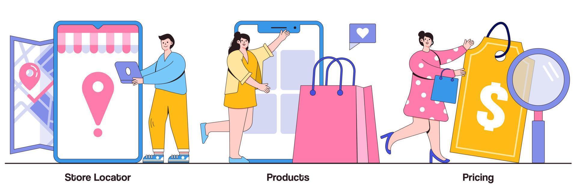 butikslokalisering, produkt, priskoncept med små människor. e-handel webbplats vektor illustration set. webbplatsens menyrad, hitta oss, tjänstekatalog, butik, online shopping, önskelista metafor