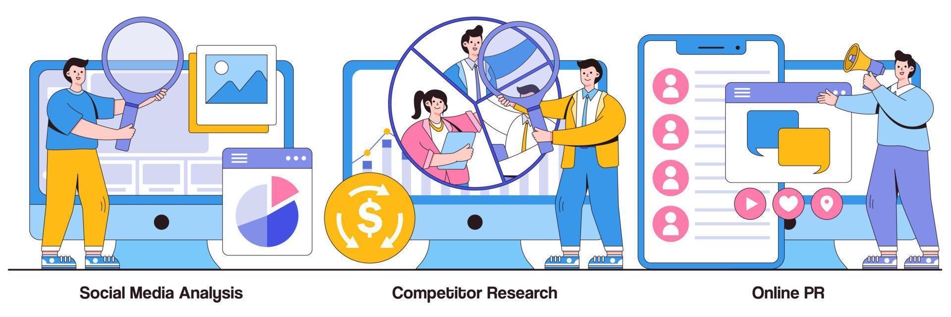 Social-Media-Analyse, Wettbewerbsforschung und illustriertes Paket mit Online-PR-Konzepten vektor