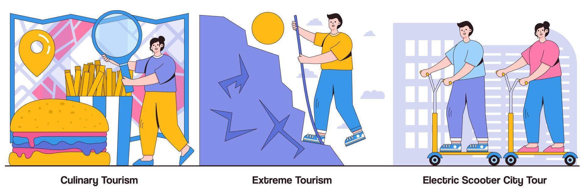 kulinarischer tourismus, extremer tourismus, elektroroller-stadtrundfahrt mit illustrationspaket für personen vektor