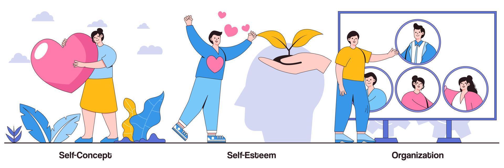 illustriertes Paket zu Selbstkonzept, Selbstwertgefühl und Organisation vektor