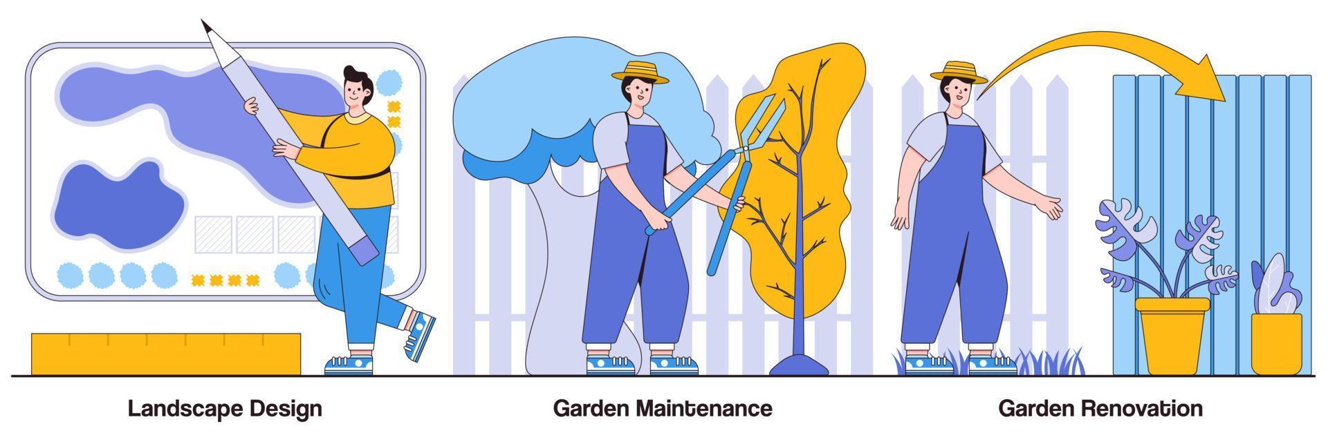 landschaftsgestaltung, gartenpflege und renovierung mit illustrationspaket für menschen vektor