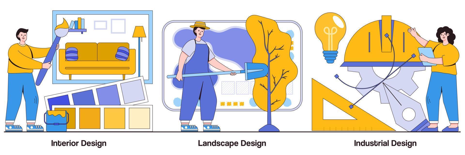 inredning, landskap och industriell design med människor karaktärer illustrationer pack vektor