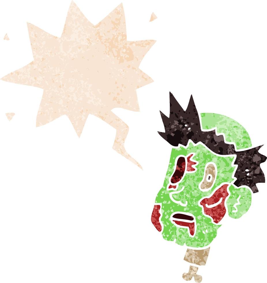 tecknad zombie huvud och pratbubbla i retro texturerad stil vektor