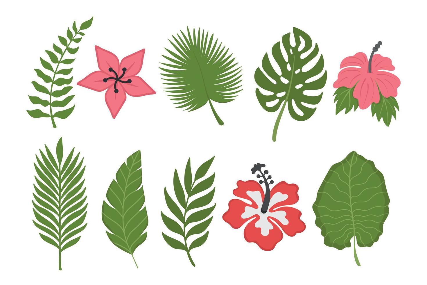 uppsättning tropiska blommor och blad. doodle platt clipart. alla föremål målas om. vektor