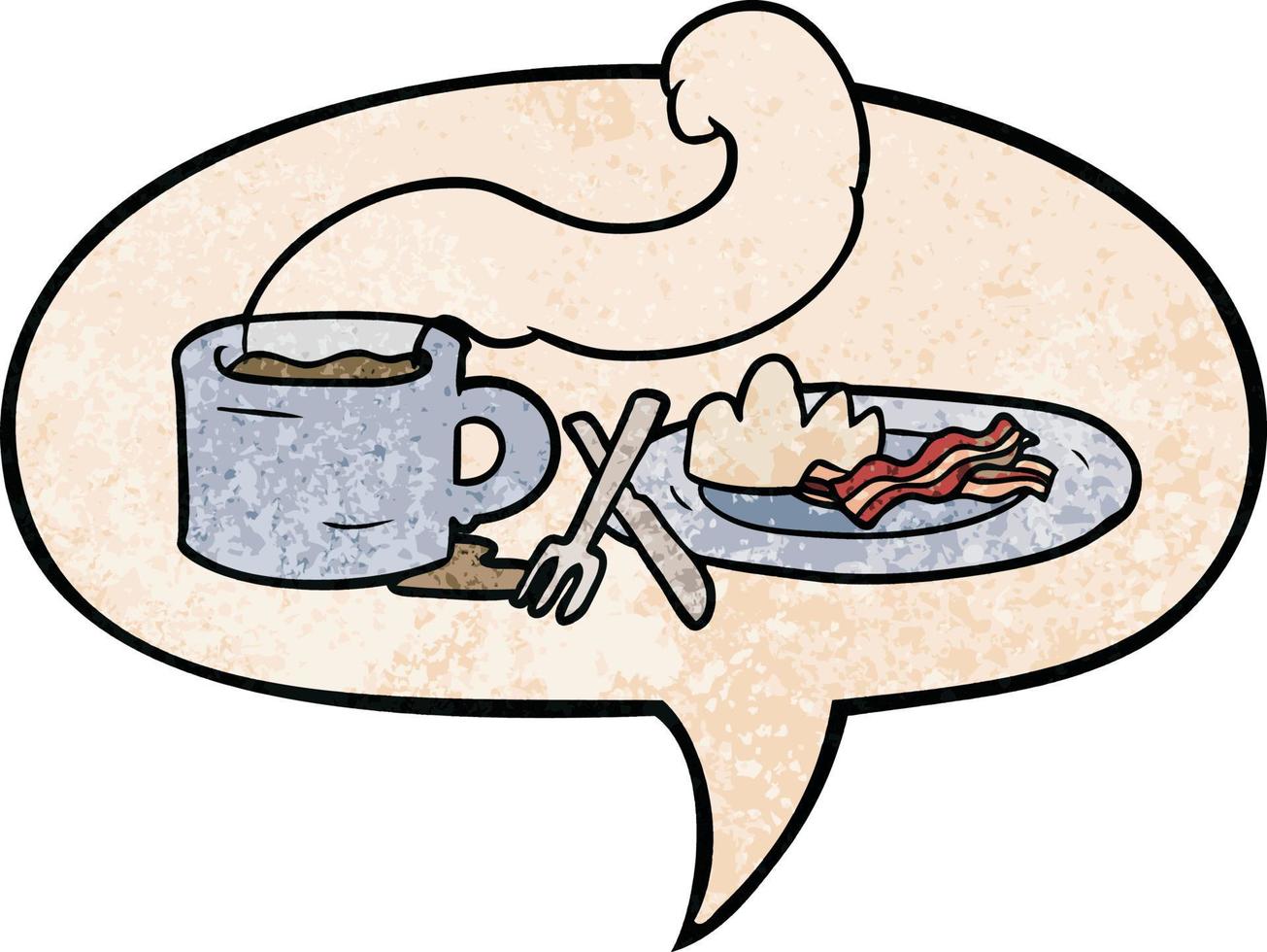 tecknad frukost med kaffe och bacon och pratbubbla i retro textur stil vektor