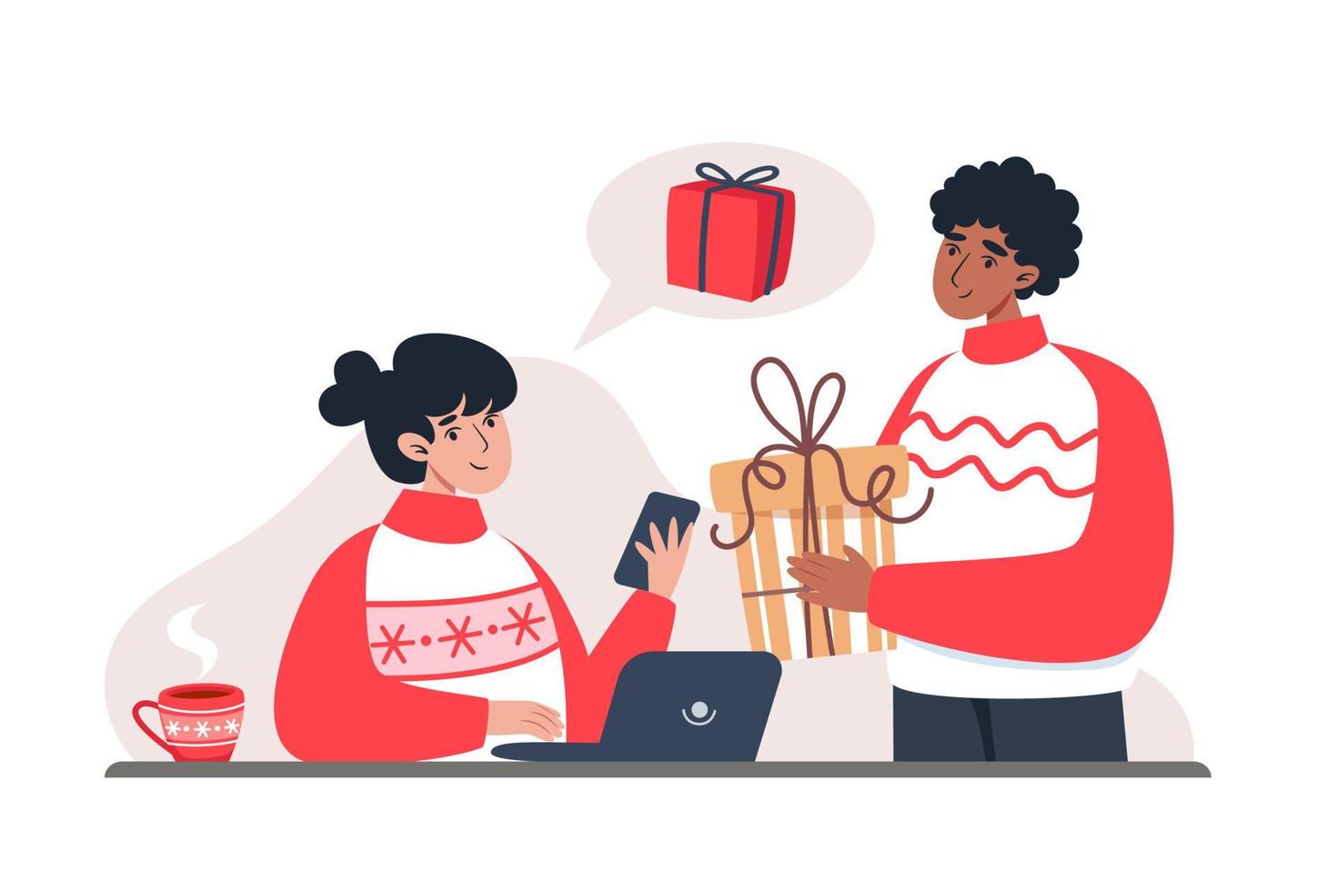 frau und mann kaufen geschenke im online-shop, neujahrs- und weihnachts-online-shopping von zu hause aus vektor