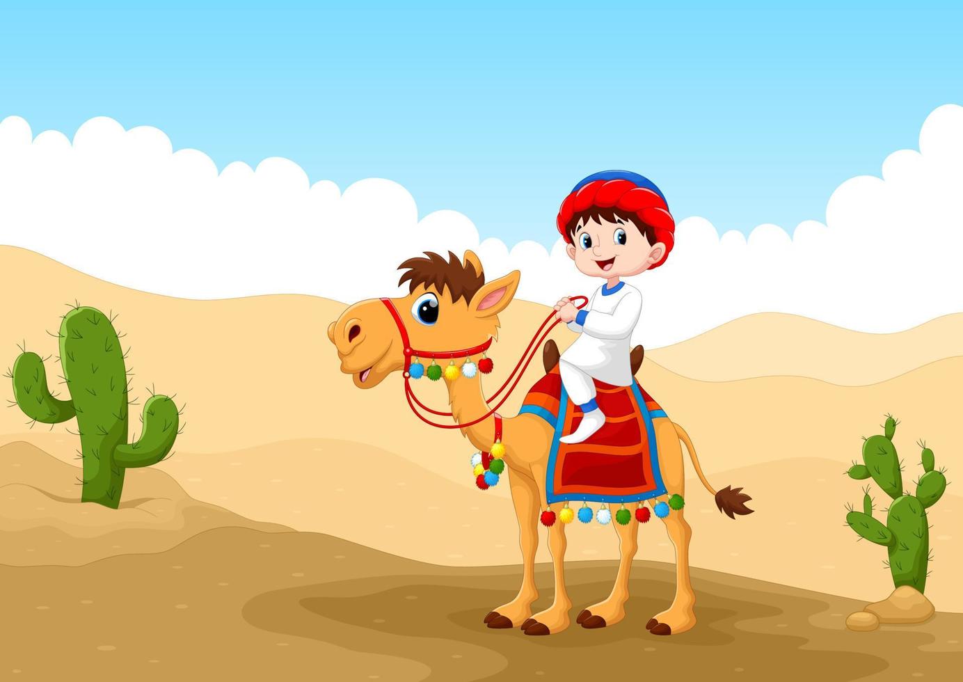arabisk pojke som rider på en kamel i öknen vektor