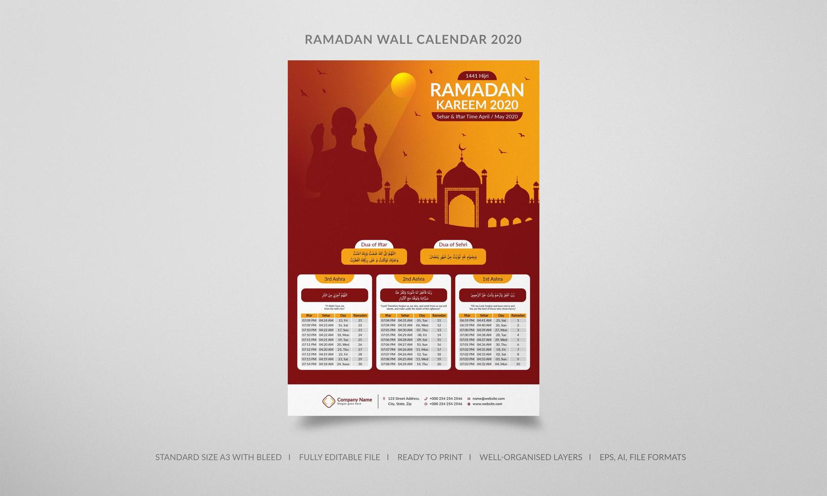 orange und rote Silhouette Ramadan 2020 Wandkalender vektor