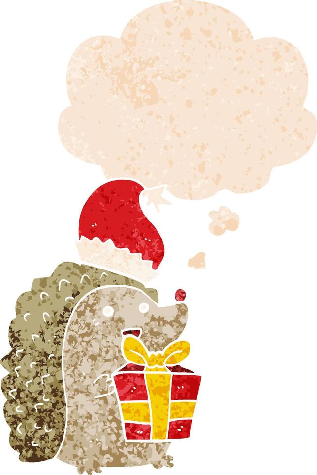 Cartoon-Igel mit Weihnachtsmütze und Gedankenblase im strukturierten Retro-Stil vektor
