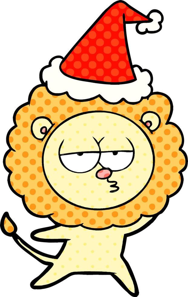 Comic-Stil-Illustration eines gelangweilten Löwen mit Weihnachtsmütze vektor