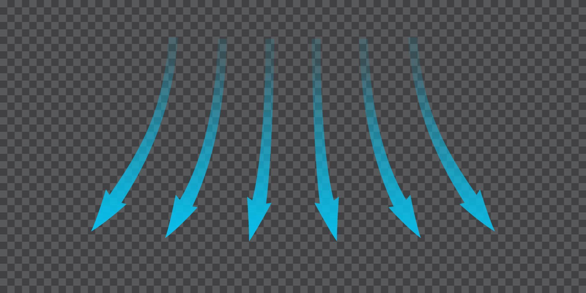 luftflöde. blå pilar som visar luftrörelsens riktning. vindriktningspilar. blå kall färsk ström från balsamet. vektor illustration isolerad på bakgrunden