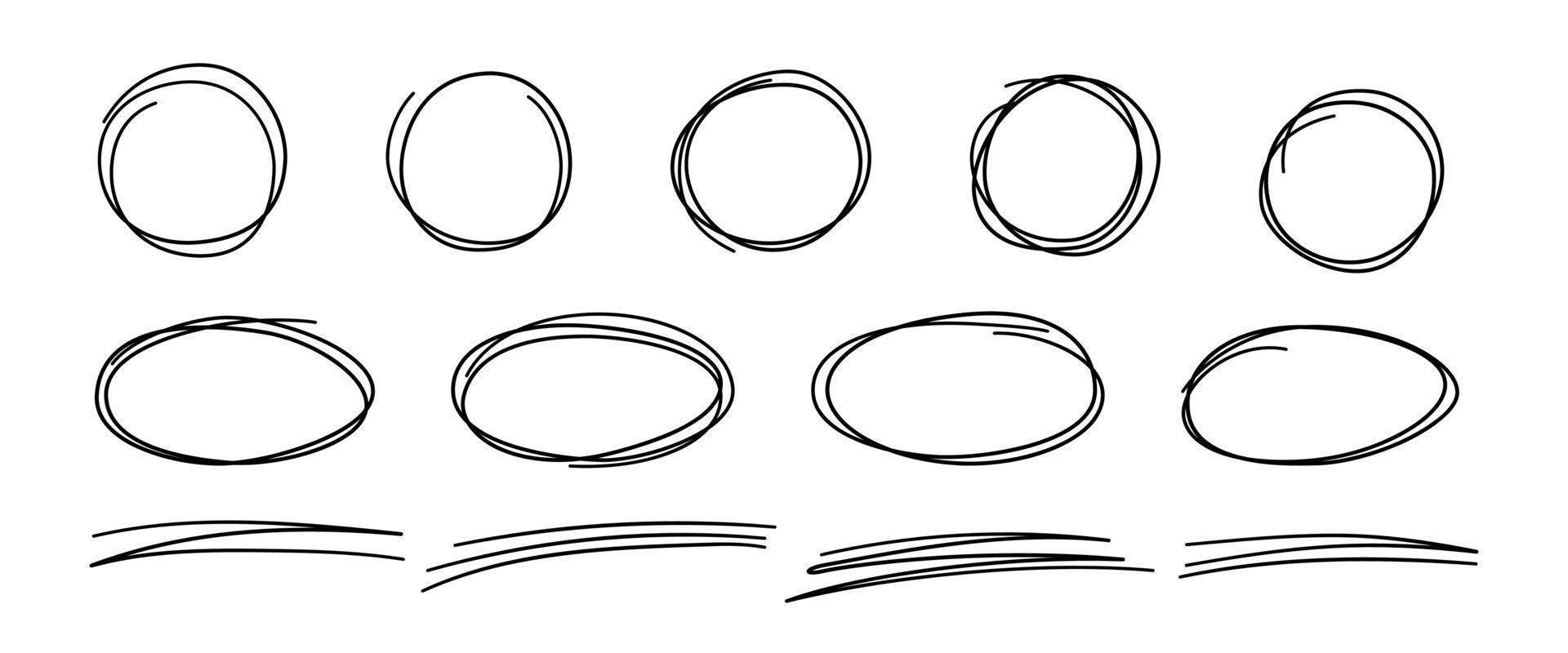 handritade klotterlinjer, cirklar och ovaler. doodle skiss understryker. markera cirkelramar. ellipser i doodle stil. uppsättning vektor illustration isolerad på vit bakgrund