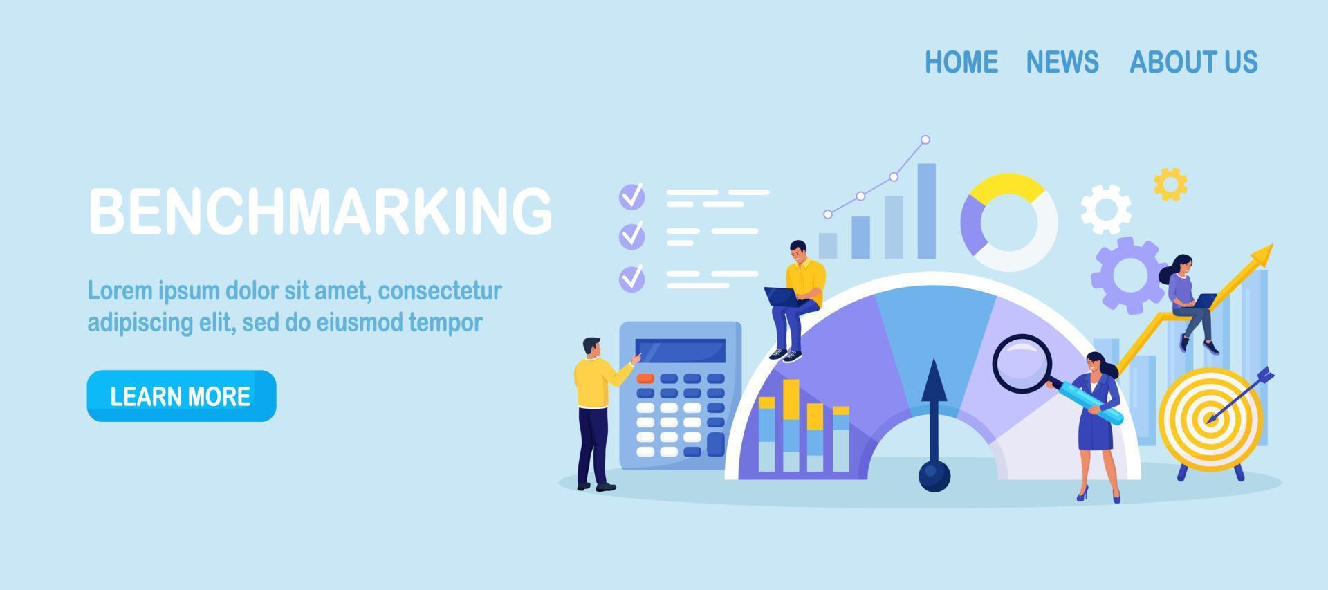 Benchmarking. Vergleichen Sie die Qualität mit Konkurrenzunternehmen. Leistung, Qualität, Kostenvergleich. Entwicklungsstrategie. Personen, die in der Nähe des Indikators stehen, verbessern die Produktivität des Unternehmens und steigern den Gewinn vektor