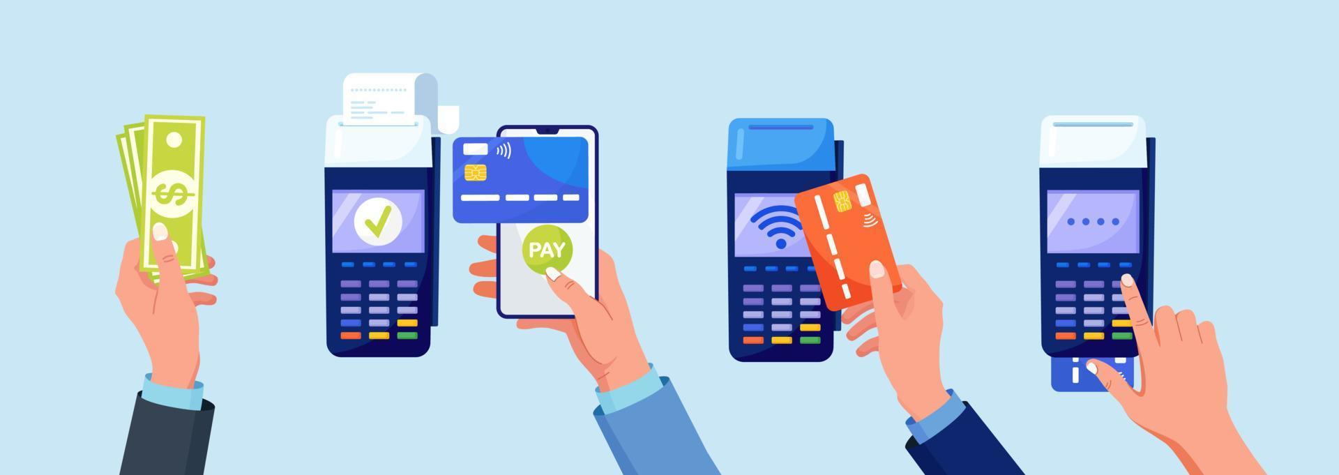 Zahlung per Kreditkarte über das POS-Terminal, Bargeld, kontaktloses Bezahlen, Zahlungen per Smartphone-App und Transaktionsquittung. Online-Banking und elektronisches Geld, NFC vektor