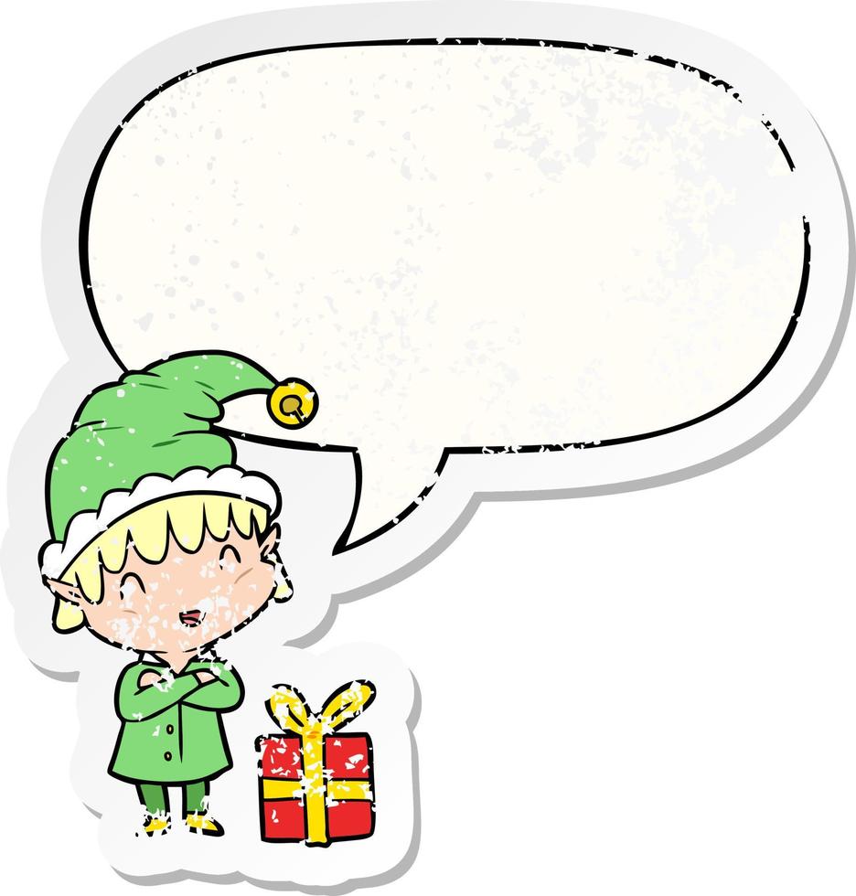 cartoon happy christmas elf und sprechblase beunruhigter aufkleber vektor