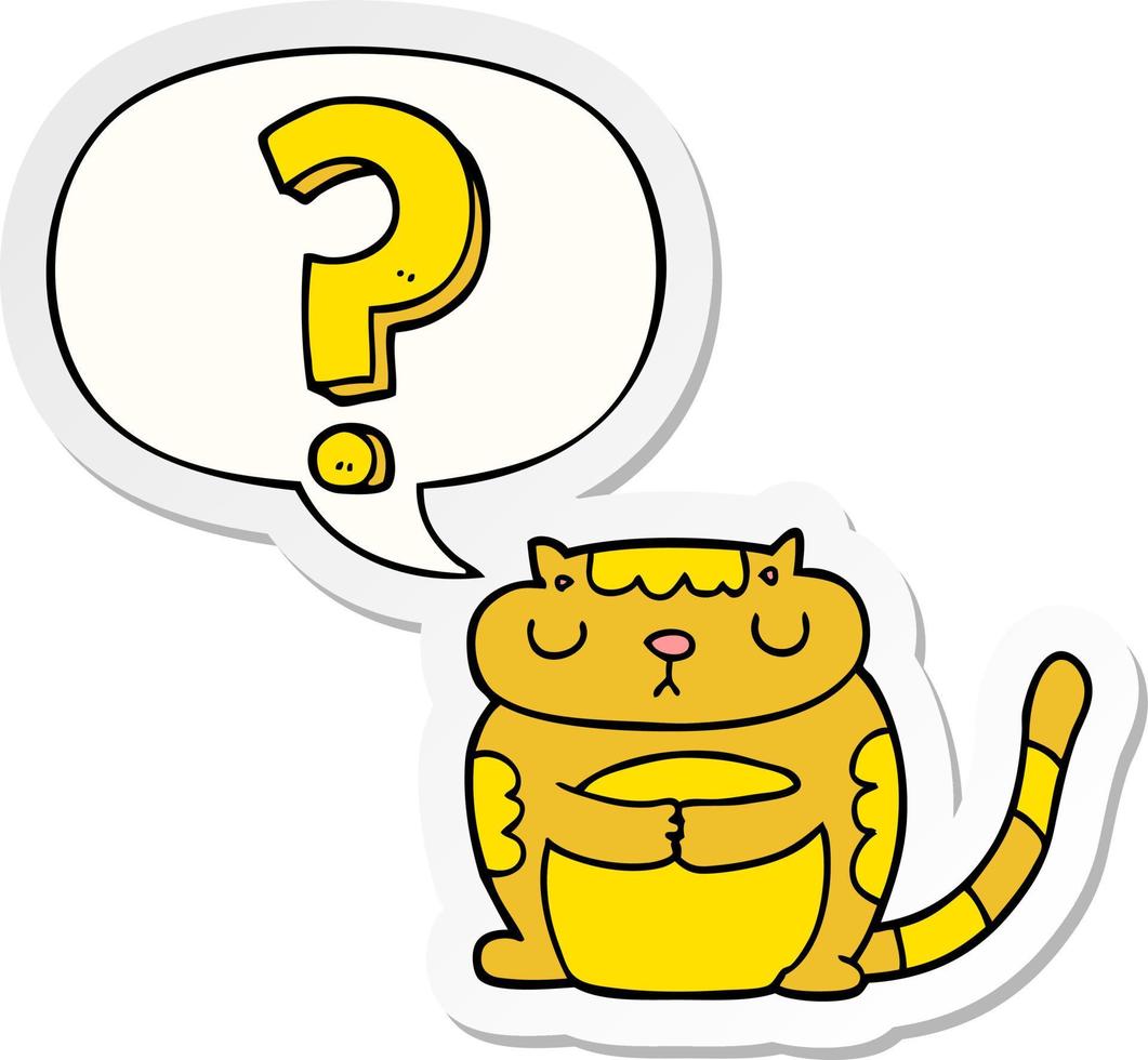 tecknad katt och frågetecken och pratbubbla klistermärke vektor