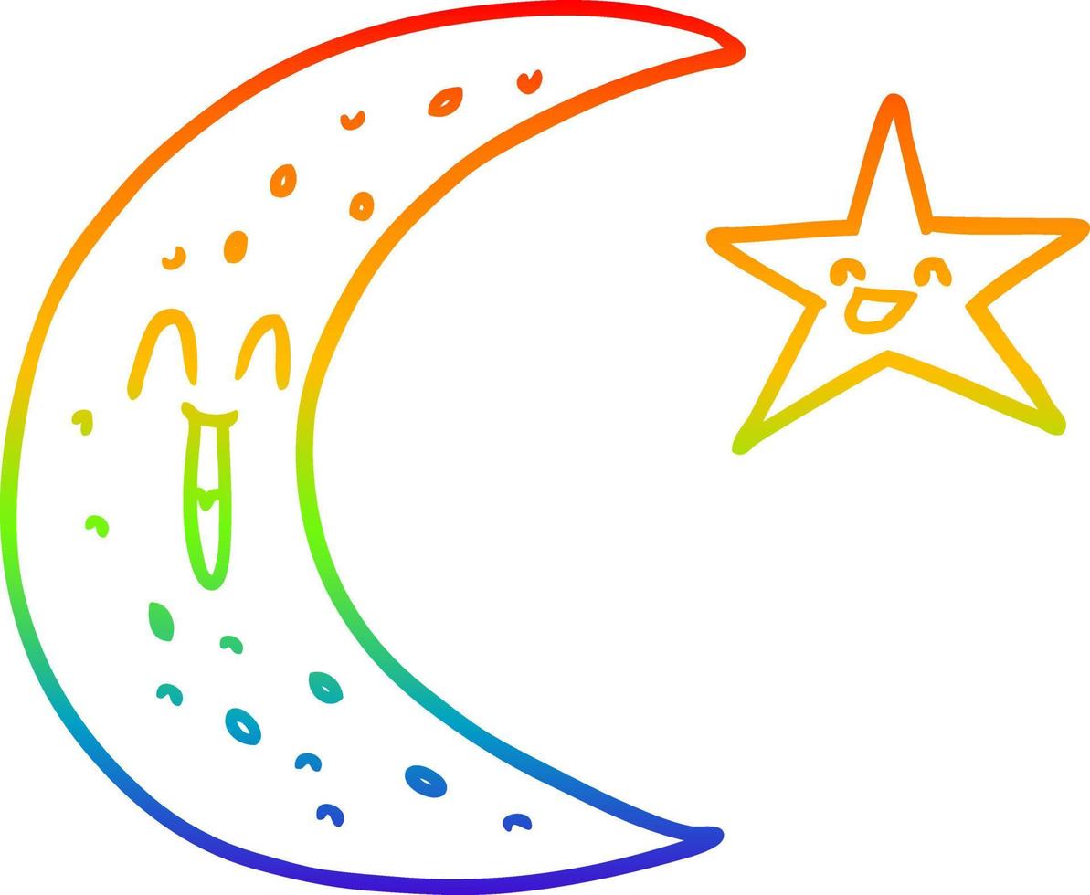 regnbågsgradient linjeteckning glad tecknad måne och stjärna vektor