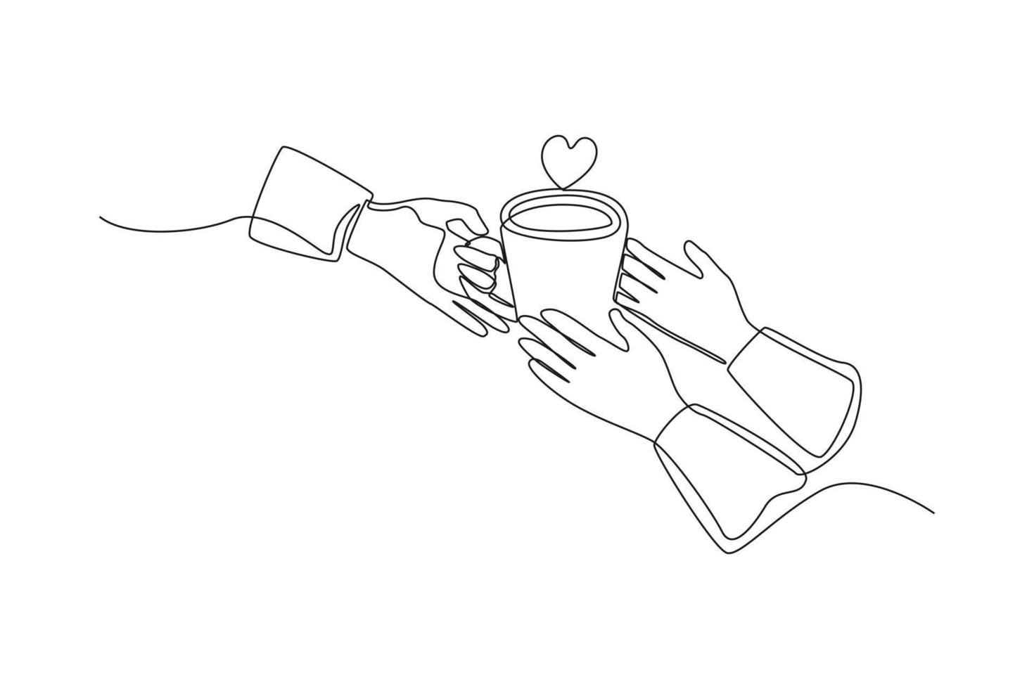 kontinuerlig en rad ritning hand ger en kopp kaffe i handen av en annan person. internationell kaffedag koncept. enda rad rita design vektorgrafisk illustration. vektor