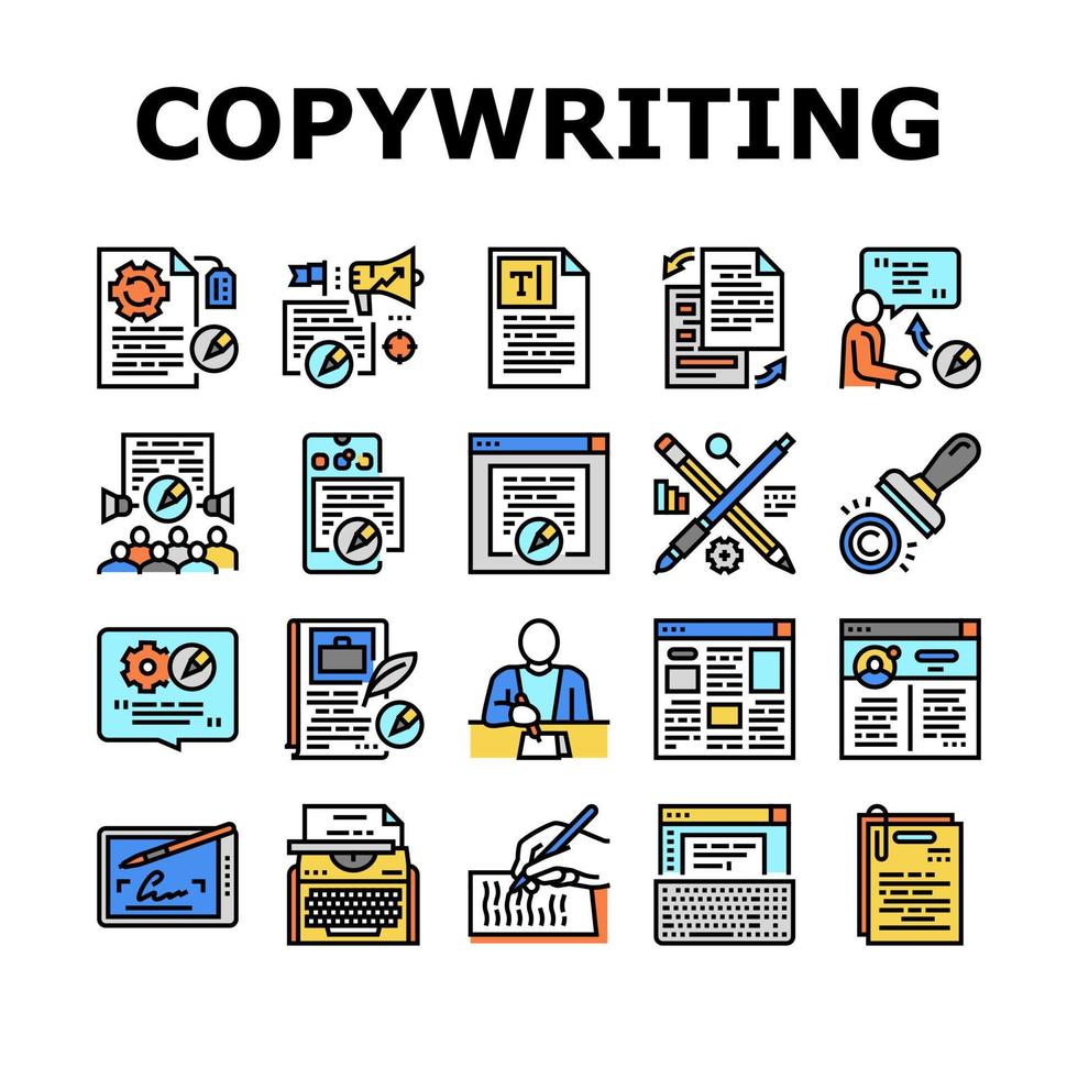 Copywriting-Content-Strategie-Icons setzen Vektor