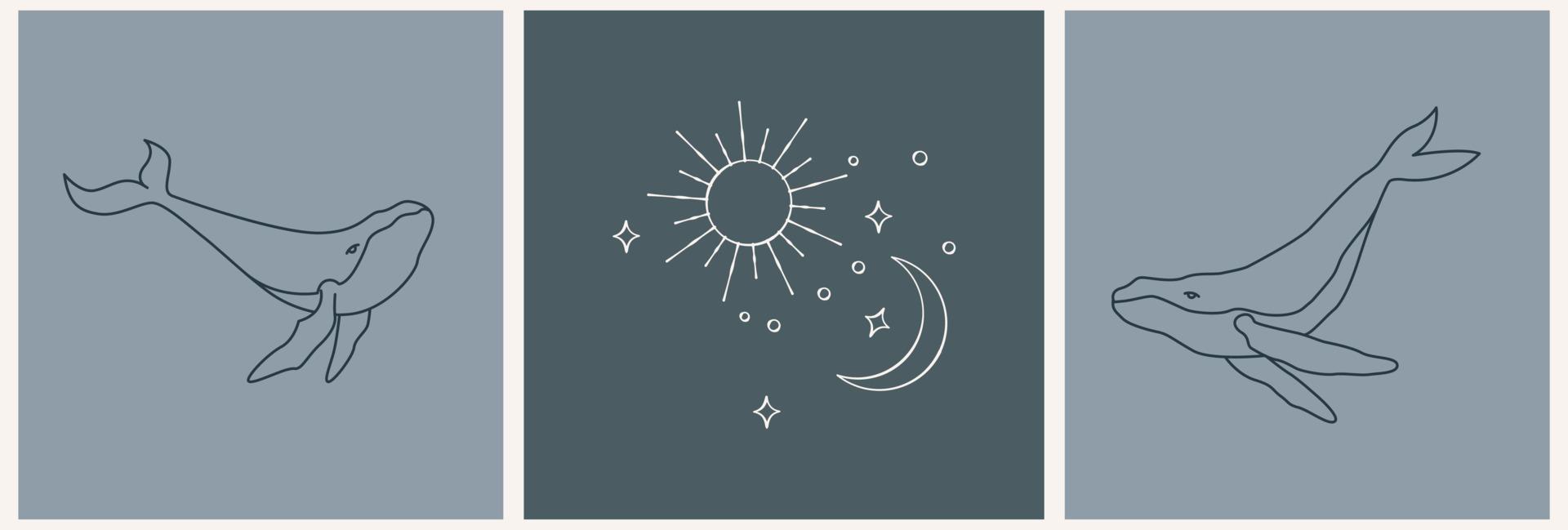 Logo-Vorlage im linearen goldenen Stil. Wal mit dem Mond. esoterische illustration mit mond und sternen vektor