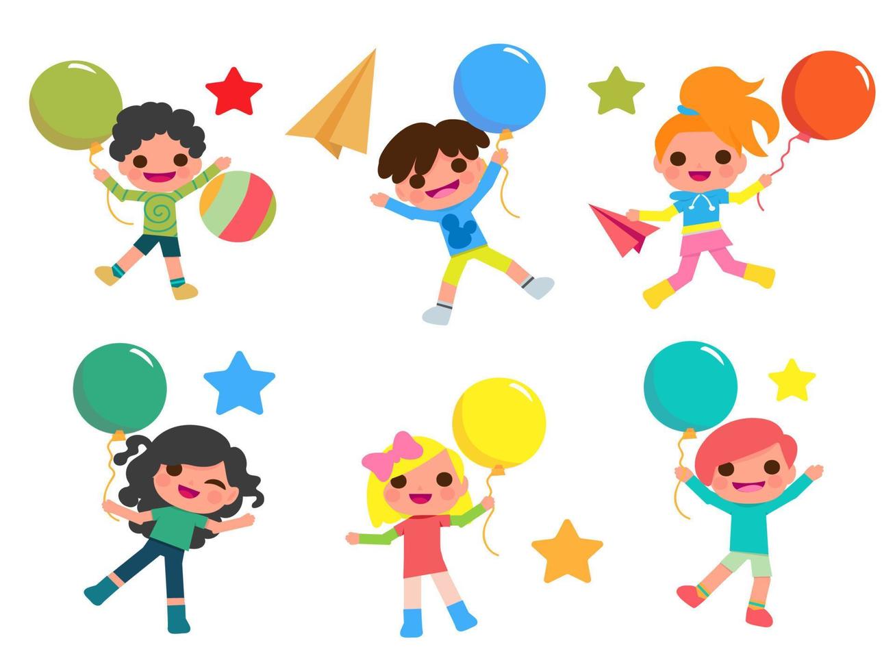 fröhliche Kinder und bunte Luftballons. kinderparty fröhlicher junge und mädchen mit ballonillustration. vektor