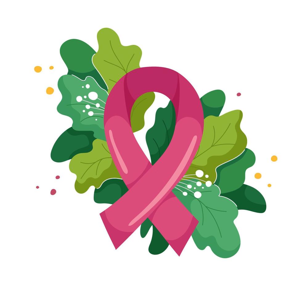 sammansättning av rosa band och frodiga bladverk och blommor i modern platt stil. symbol för oktober månad för medvetenhet om bröstcancer. vektor illustration isolerade på vitt