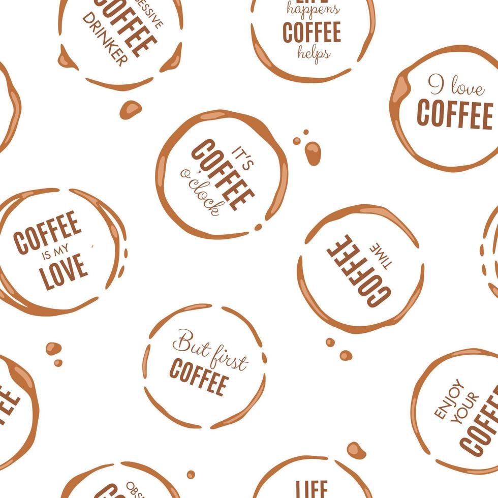 seamless mönster med kaffemugg fläckar på duken och motivation citat vektor