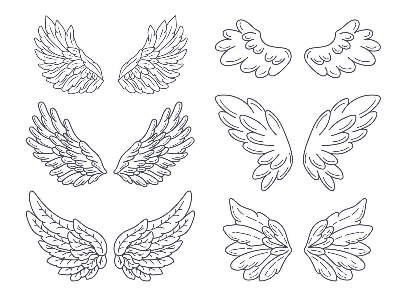 Sammlung von Engelsflügeln, weit verbreitet. Konturzeichnung im modernen Linienstil. vektorillustration lokalisiert auf weiß. vektor
