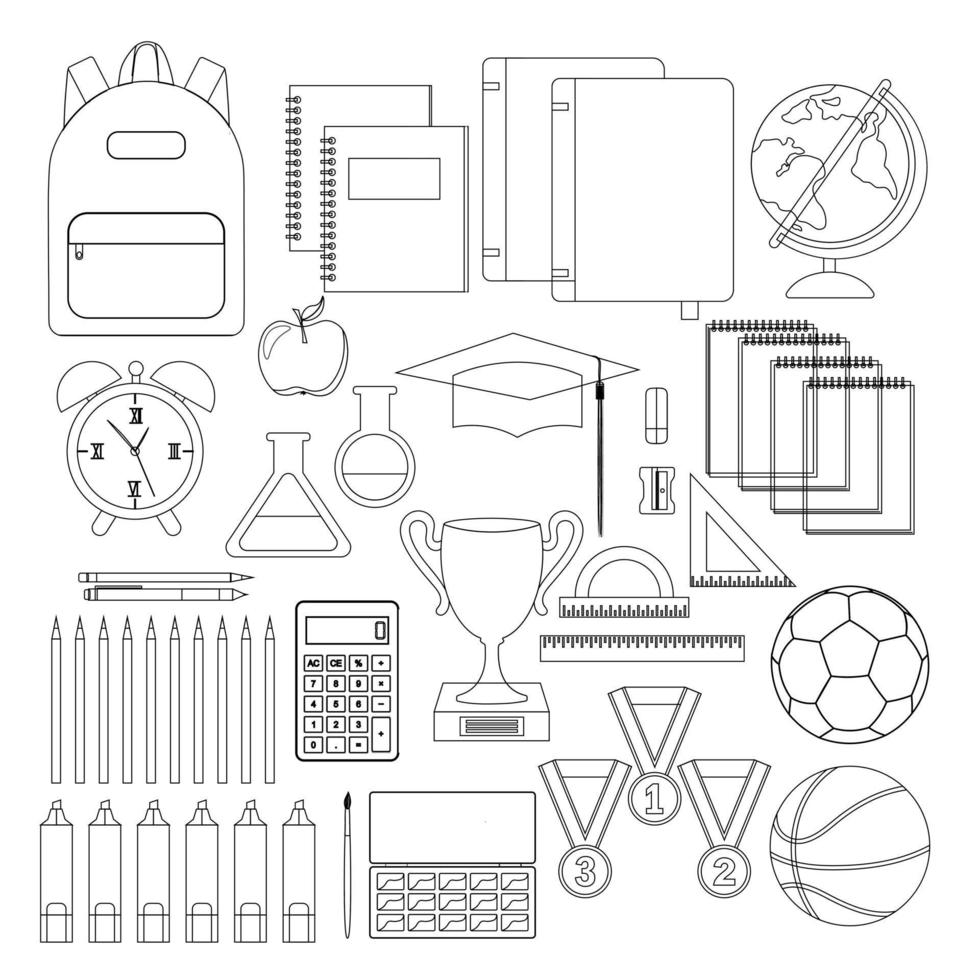 uppsättning skolan saker, svart och vit kontur. vektor illustration.