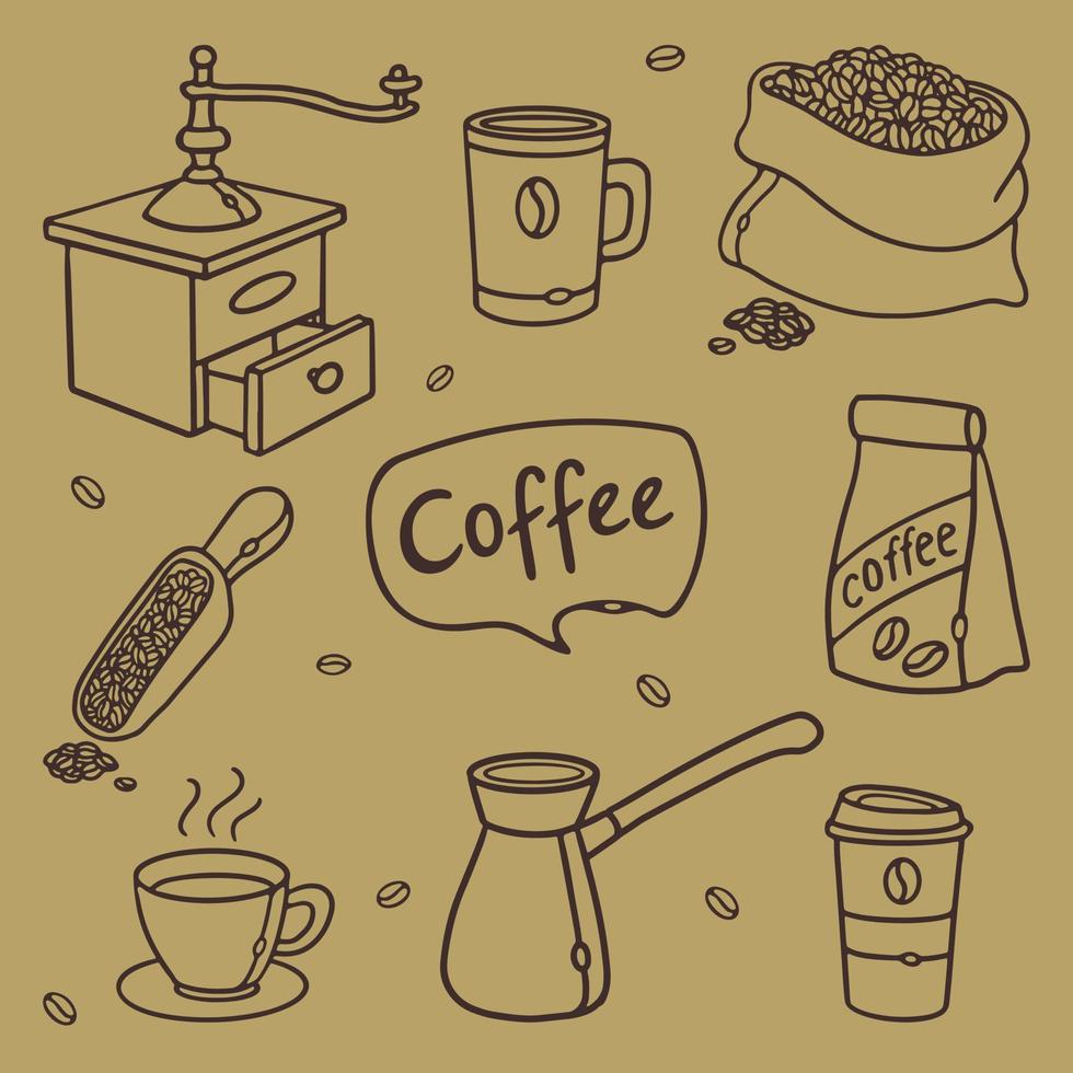 satz von handgezeichneten gekritzelvektorillustrationen des kaffeeumrisses. Utensilien, Ausrüstungen und Werkzeuge für verschiedene Arten der Kaffeezubereitung. linearmühle, kaffeemaschine, tasse und becher, sack mit kaffeebohnen vektor