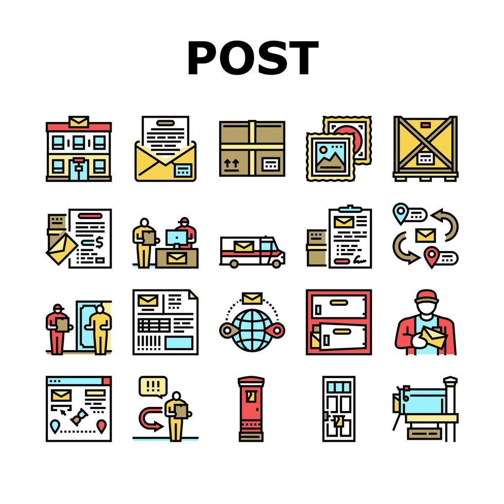 postkontor leverans tjänst ikoner set vektor