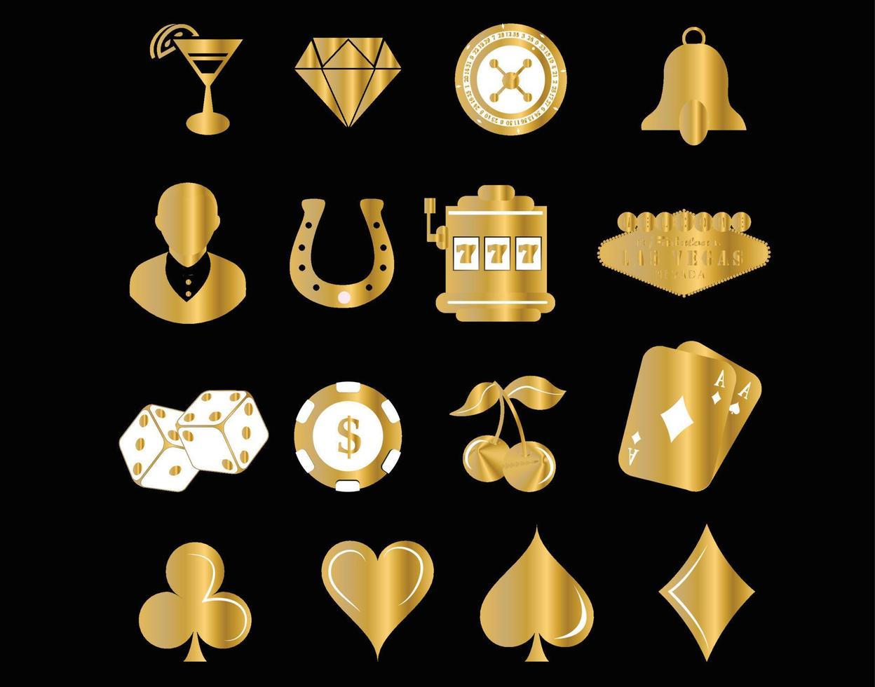 Goldenes Glücksspiel, Pokerkartenspiel, Casino, Glücksvektorsymbole isoliert auf schwarzem Hintergrund vektor