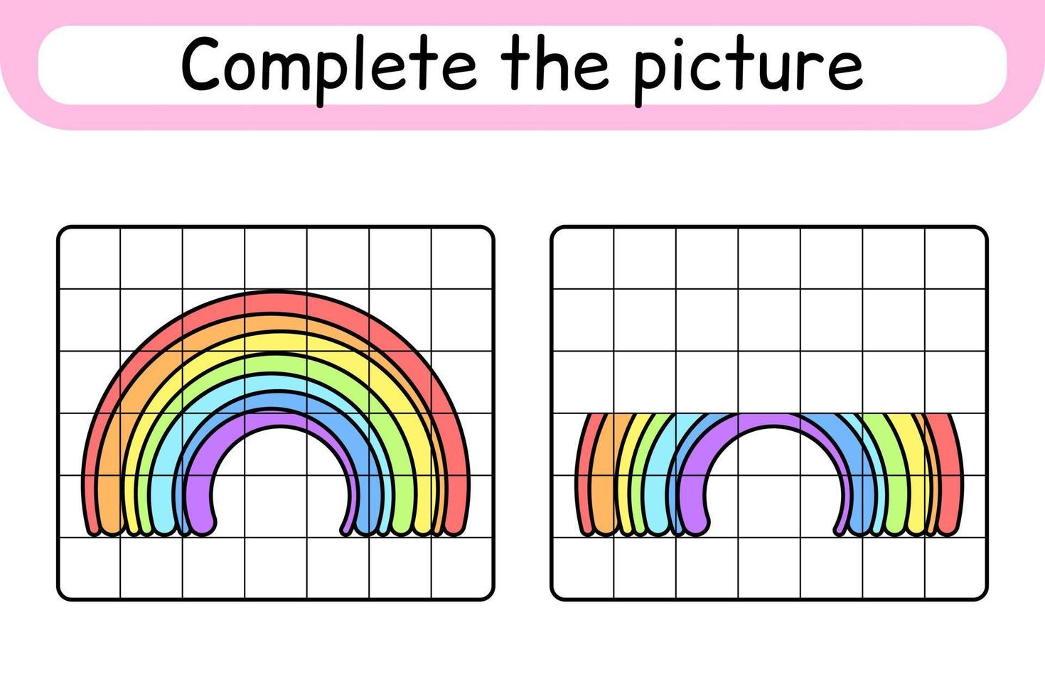 fullborda bilden av regnbågen. kopiera bilden och färgen. avsluta bilden. målarbok. pedagogiskt ritövningsspel för barn vektor