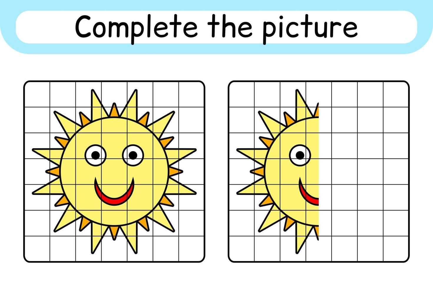 vervollständigen das bild sonne. Kopieren Sie das Bild und die Farbe. fertig das Bild. Malbuch. pädagogisches Zeichenübungsspiel für Kinder vektor