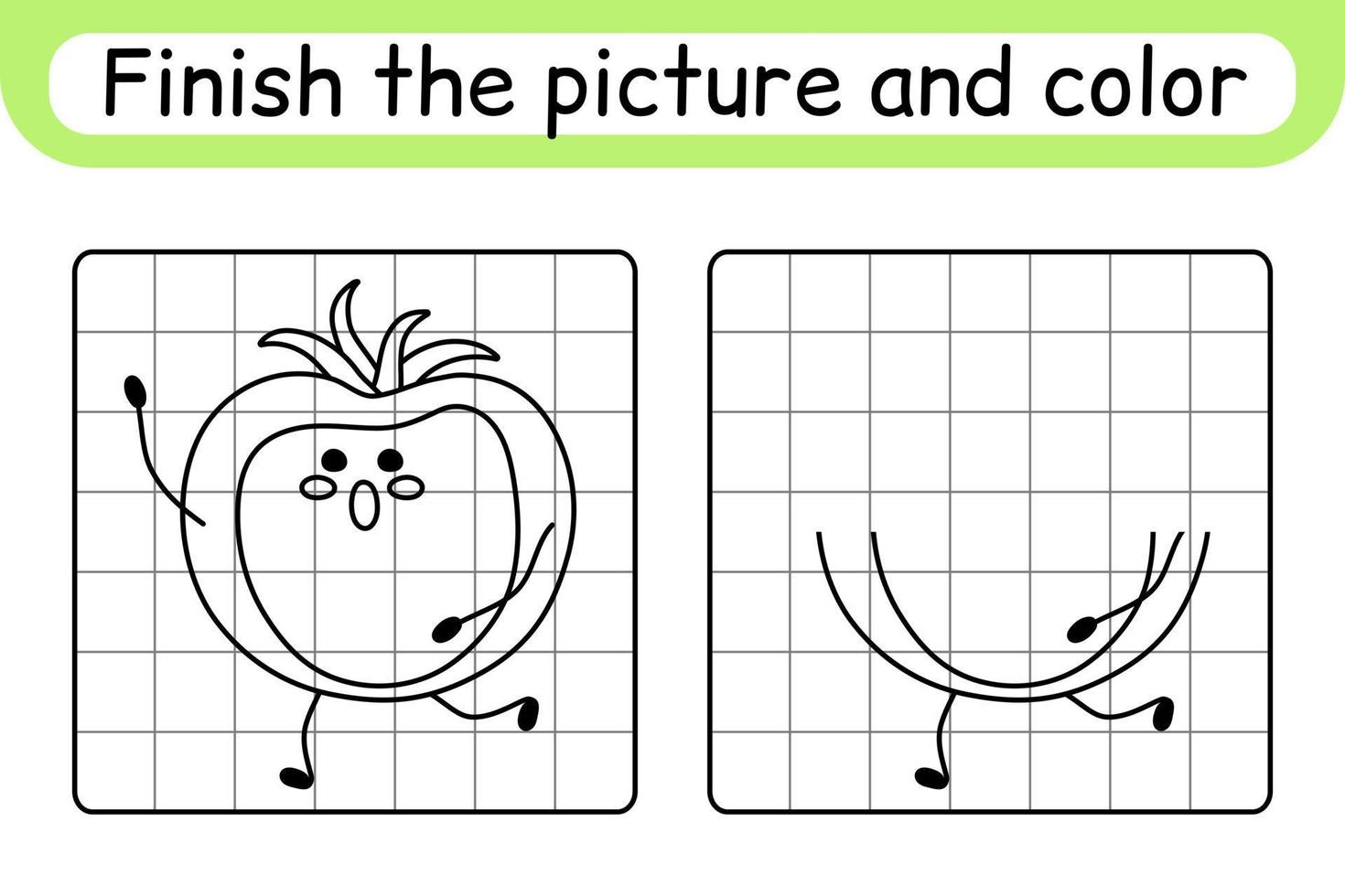 slutföra bilden tomat. kopiera bilden och färgen. avsluta bilden. målarbok. pedagogiskt ritövningsspel för barn vektor