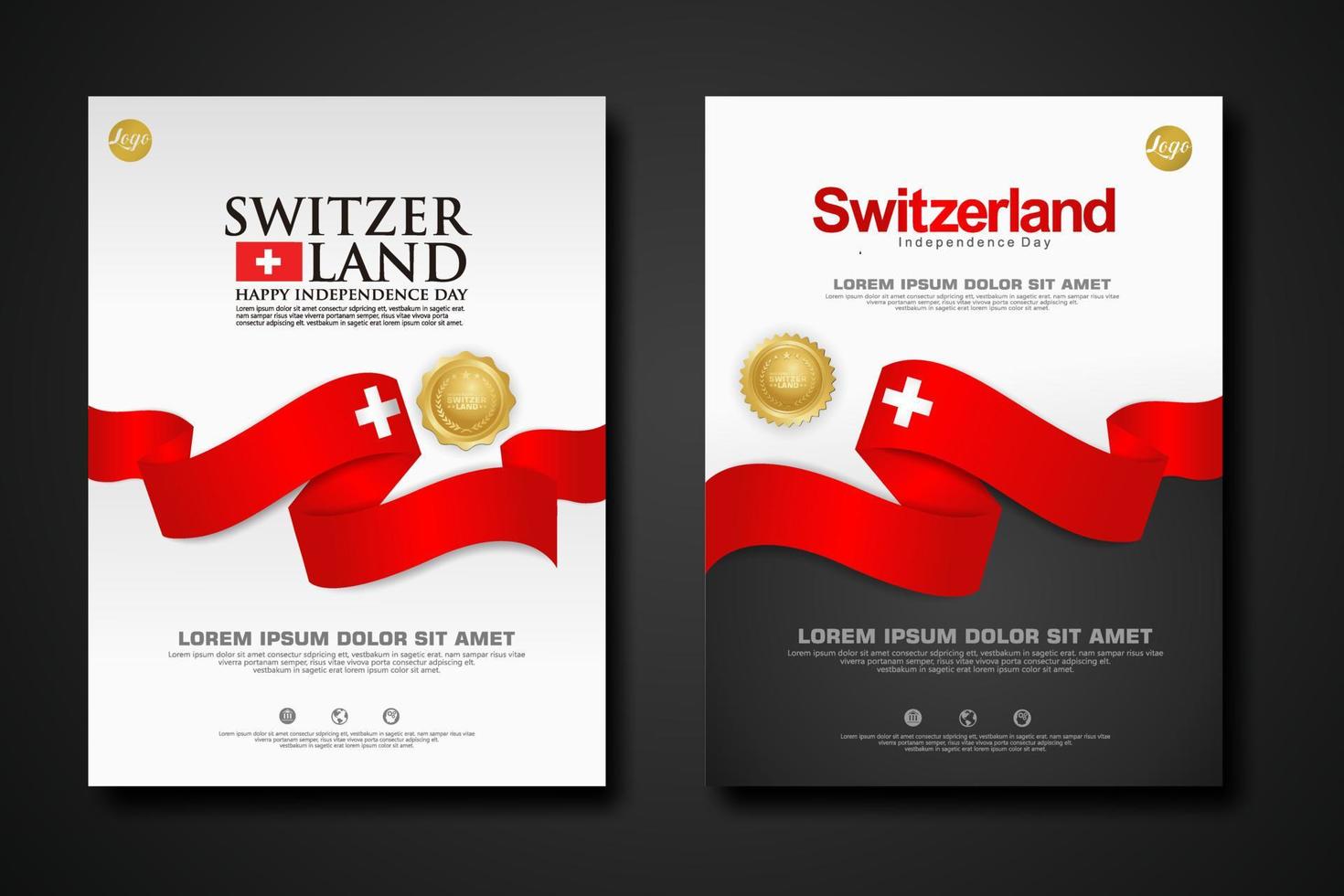 uppsättning affisch design schweiz glad självständighetsdagen bakgrundsmall med elegant band-formad flagga, guld cirkel band. vektor illustrationer