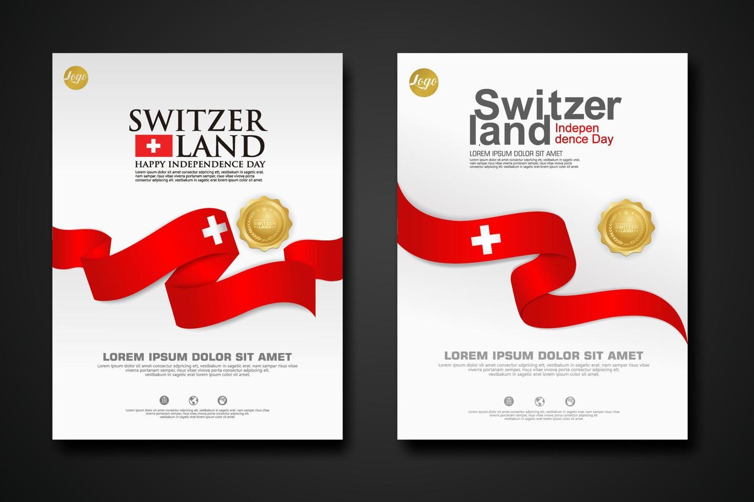 uppsättning affisch design schweiz glad självständighetsdagen bakgrundsmall med elegant band-formad flagga, guld cirkel band. vektor illustrationer